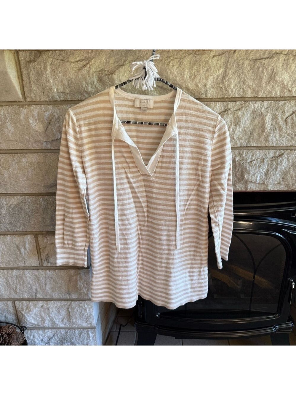 LOFT Beige and White Striped Top 3/4 sleeve Small Petite